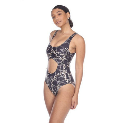 Cut-Out Chain Print One-Piece Bathing Suit Black