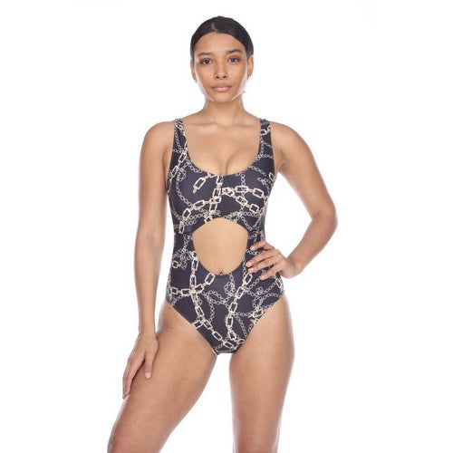 NSW5252 Cut-Out Chain Print One-Piece Baring Suit Black