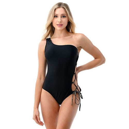 NSW5307 Assymetric Tie-Side 1pc Bathing Suit Black