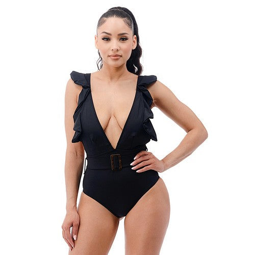 NSW5305/ NSE5305 Deep V Frill 1pc Bathing Suit Black