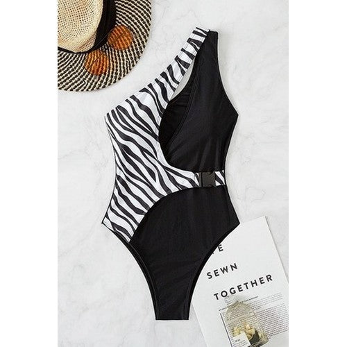 SSZPOPSWS-C1 Asymetric Zebra Bikini 1pc Bathing Suit Black/White