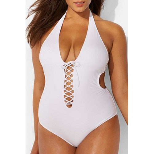 L250PLUS Tie Front Halter Plus Size 1pc Bathinf Suit White