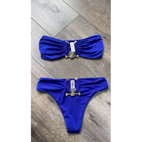 XS3012-PLUS Luxe Gold Detail Plus Size Tube 2pc Bikini Royal Blue