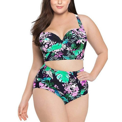 PSM030 High Waist 2pc Plus Size Bikini Green Print