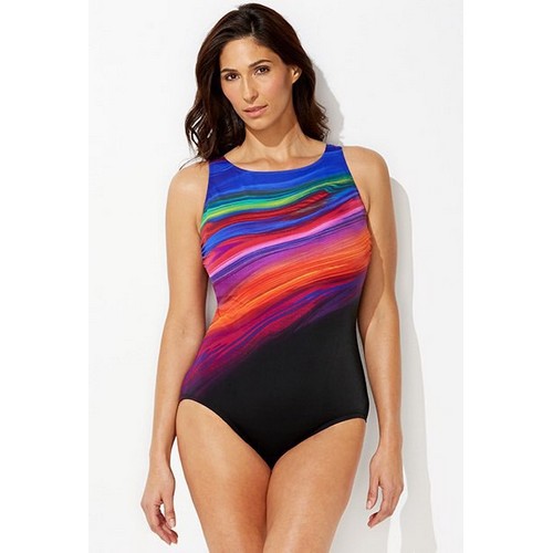 PSM034 High Neck Plus Size 1pc Tie Dye Bathing Suit Black Multi