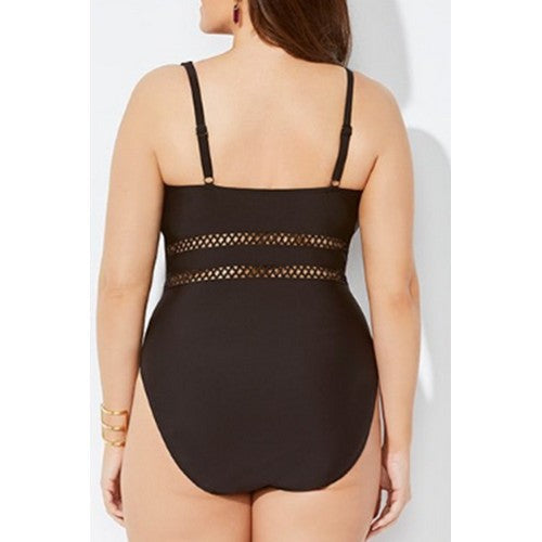 Fishnet Detail Plus Size 1pc Bathing Suit in Black Plain