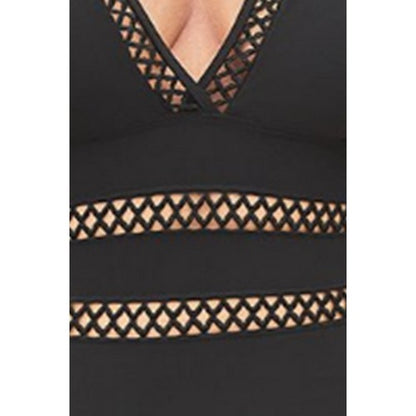 Fishnet Detail Plus Size 1pc Bathing Suit in Black Plain