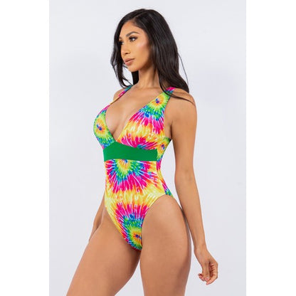 Deep V Tie Dye 1pc Bathing Suit Yellow