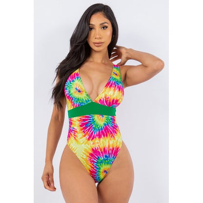 A22-1 Deep V Tie Dye 1pc Bathing Suit Yellow