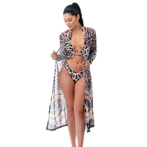 Leopard Print 2pc Bathing Suit & Cover Up Set in Brown