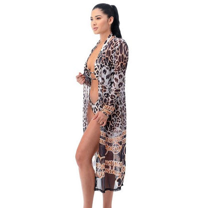 Leopard Print 2pc Bathing Suit & Cover Up Set in Brown