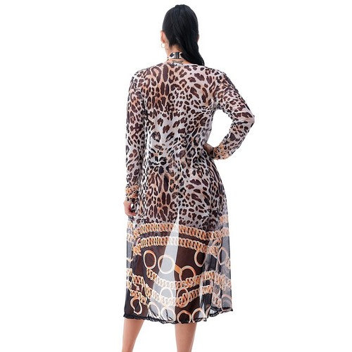 Leopard Print 2pc Bathing Suit & Cover Up Set in Brown