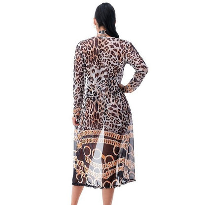 Leopard Print 2pc Bathing Suit & Cover Up Set in Brown