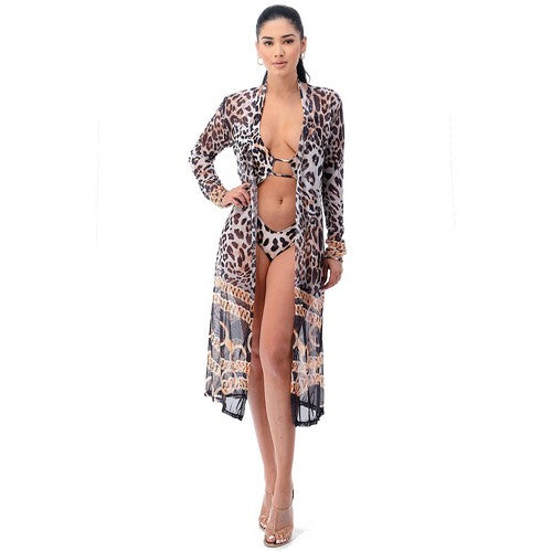 NSW5257-C2 Leopard Print 2pc Bathing Suit & Cover Up Set in Brown