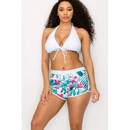 LJ6677S Floral Shorts 2pc Bikini Set in White