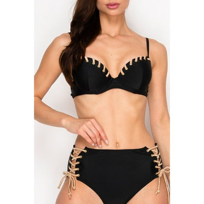 Eyelet Lace Up 2pc Bikini Set in Black