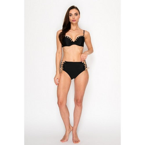 Eyelet Lace Up 2pc Bikini Set in Black