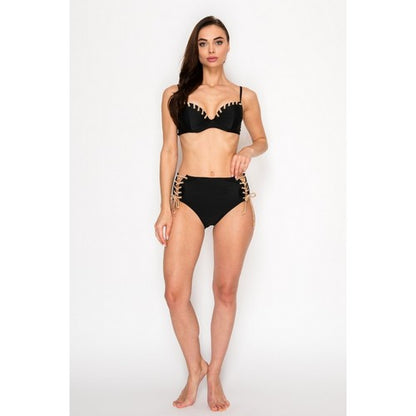Eyelet Lace Up 2pc Bikini Set in Black