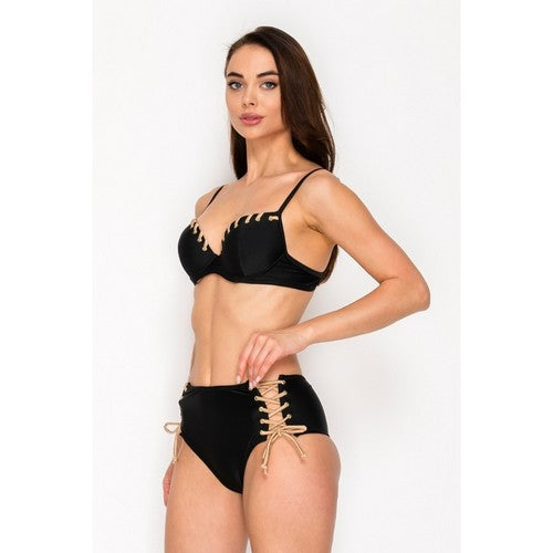 Eyelet Lace Up 2pc Bikini Set in Black