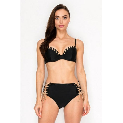 A20-6-BK Eyelet Lace Up 2pc Bikini Set in Black