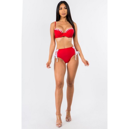 Eyelet Lace Up 2pc Bikini Set in Red