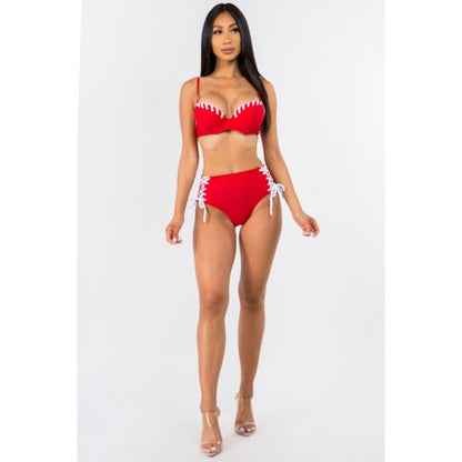 Eyelet Lace Up 2pc Bikini Set in Red