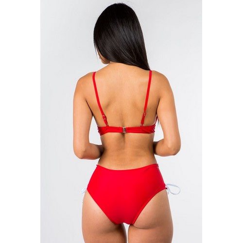 Eyelet Lace Up 2pc Bikini Set in Red