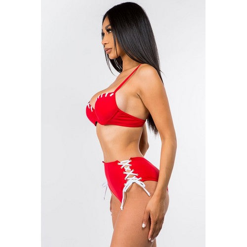 Eyelet Lace Up 2pc Bikini Set in Red