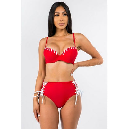 A20-6-BK Eyelet Lace Up 2pc Bikini Set in Red