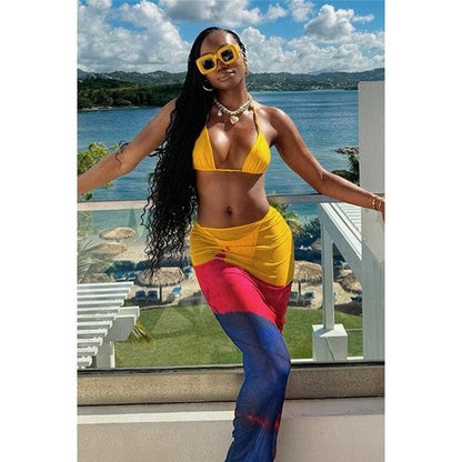 EVBTXSNT-218 Bikini And Tie Dye Cover Up Skirt Set in Yellow