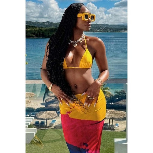 Bikini & Tie Dye Cover Up Skirt Set in Yellow