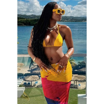 Bikini & Tie Dye Cover Up Skirt Set in Yellow