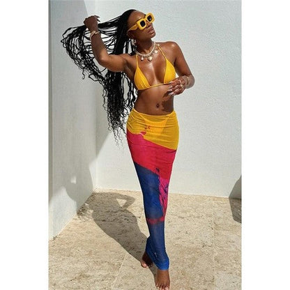 Bikini & Tie Dye Cover Up Skirt Set in Yellow