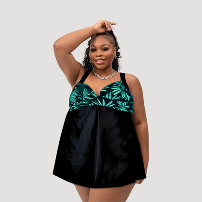 Plus Size Tankini Dress 2pc Bathing Suit in Black & Green