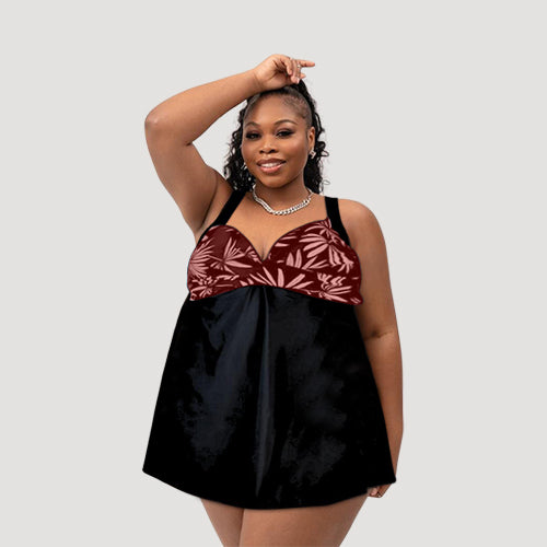 Plus Size Tankini Dress 2pc Bathing Suit in Black & Red