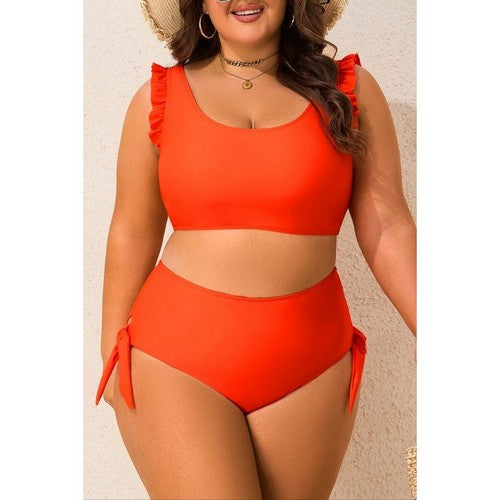 PL43023-P14 Plus Size Ruffle High Waist Bikini in Orange