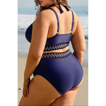 Plus Size Embroidered High Waist 2pc Bikini in Navy Blue