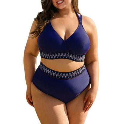 Plus Size Embroidered High Waist 2pc Bikini in Navy Blue