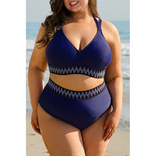 Plus Size Embroidered High Waist 2pc Bikini in Navy Blue