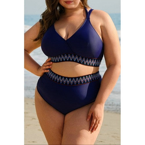 PL43054-P605 Plus Size Embroidered High Waist Bikini in Navy Blue