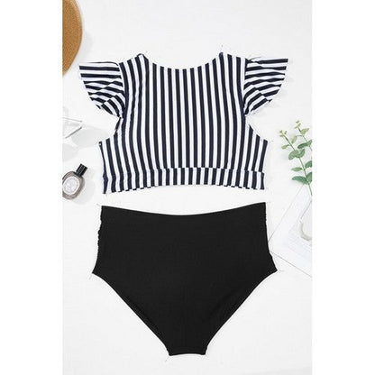 Plus Size Stripe Ruffle Sleeve Bikini in Black & White