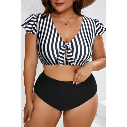 JBSPL43029-P219 Plus Size Stripe Ruffle Sleeve Bikini in Black & White