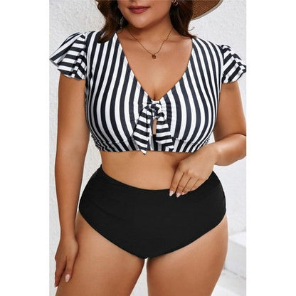 JBSPL43029-P219 Plus Size Stripe Ruffle Sleeve Bikini in Black & White