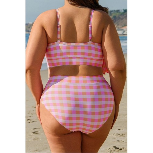 Plus Size Plaid High Waist 3pc Bikini with Sarong Wrap in Pink