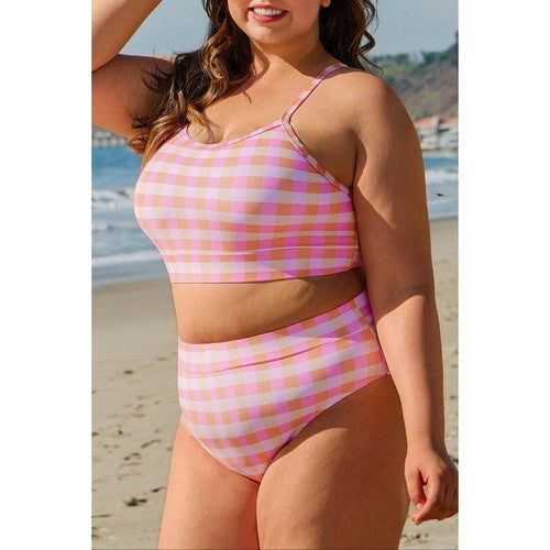 Plus Size Plaid High Waist 3pc Bikini with Sarong Wrap in Pink