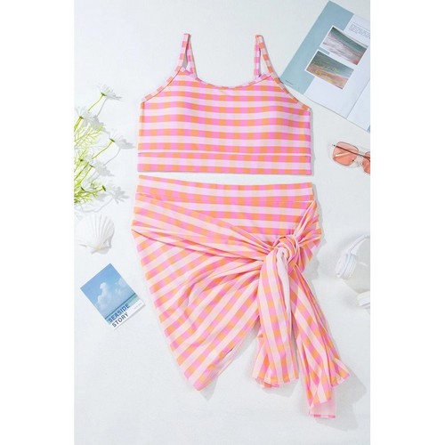 Plus Size Plaid High Waist 3pc Bikini with Sarong Wrap in Pink