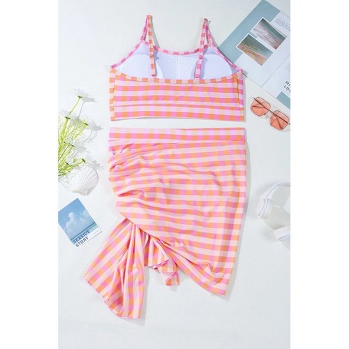 Plus Size Plaid High Waist 3pc Bikini with Sarong Wrap in Pink