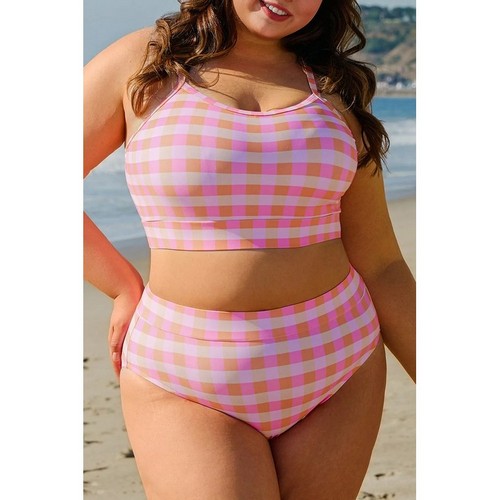 Plus Size Plaid High Waist 3pc Bikini with Sarong Wrap in Pink