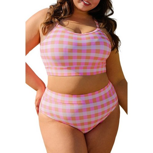 PL43021-P1020 Plus Size Plaid High Waist Bikini in Pink