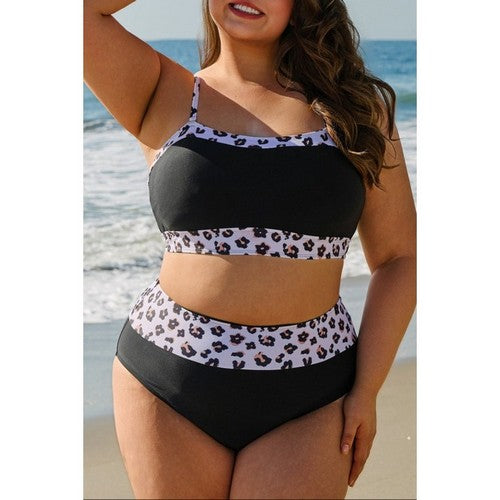 Plus Size Leopard Colorblock 2pc Bikini in Black